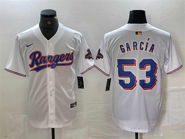 Men's Texas Rangers #53 Adolis García White Gold Cool Base Stitched Baseball Jersey Men's Texas Rangers #53 Adolis García White Gold Cool Base Stitched Baseball Jersey